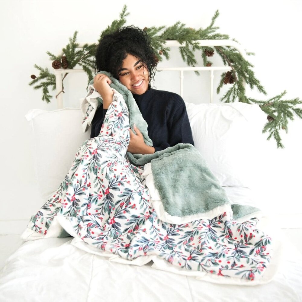Minky Couture Christmas Holiday Blanket Mistletoe + Berries Tween Size (52”x35”)